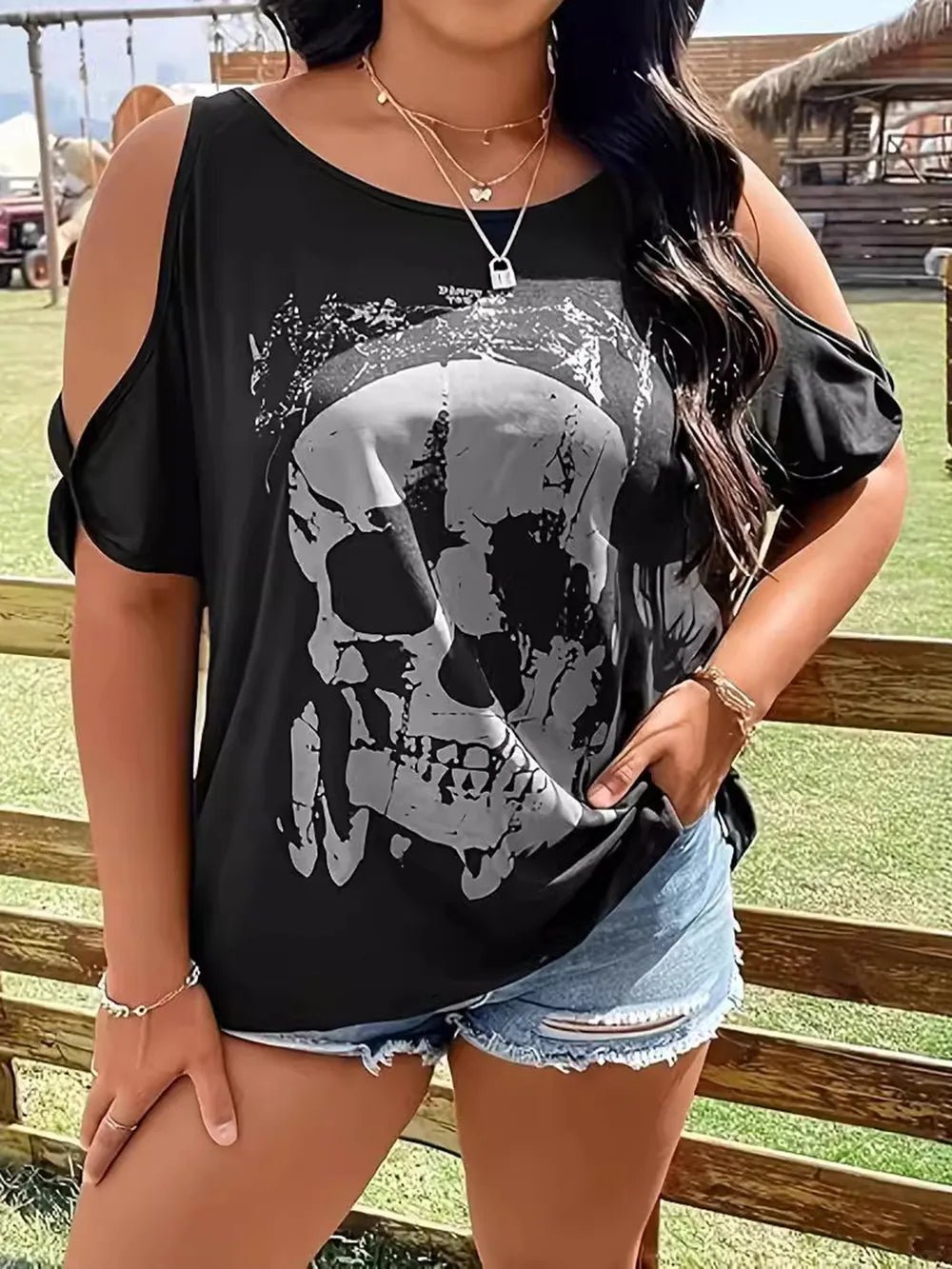 Plus Size Skeleton Graphic Round Neck Cold Shoulder T-Shirt - Lookzlike
