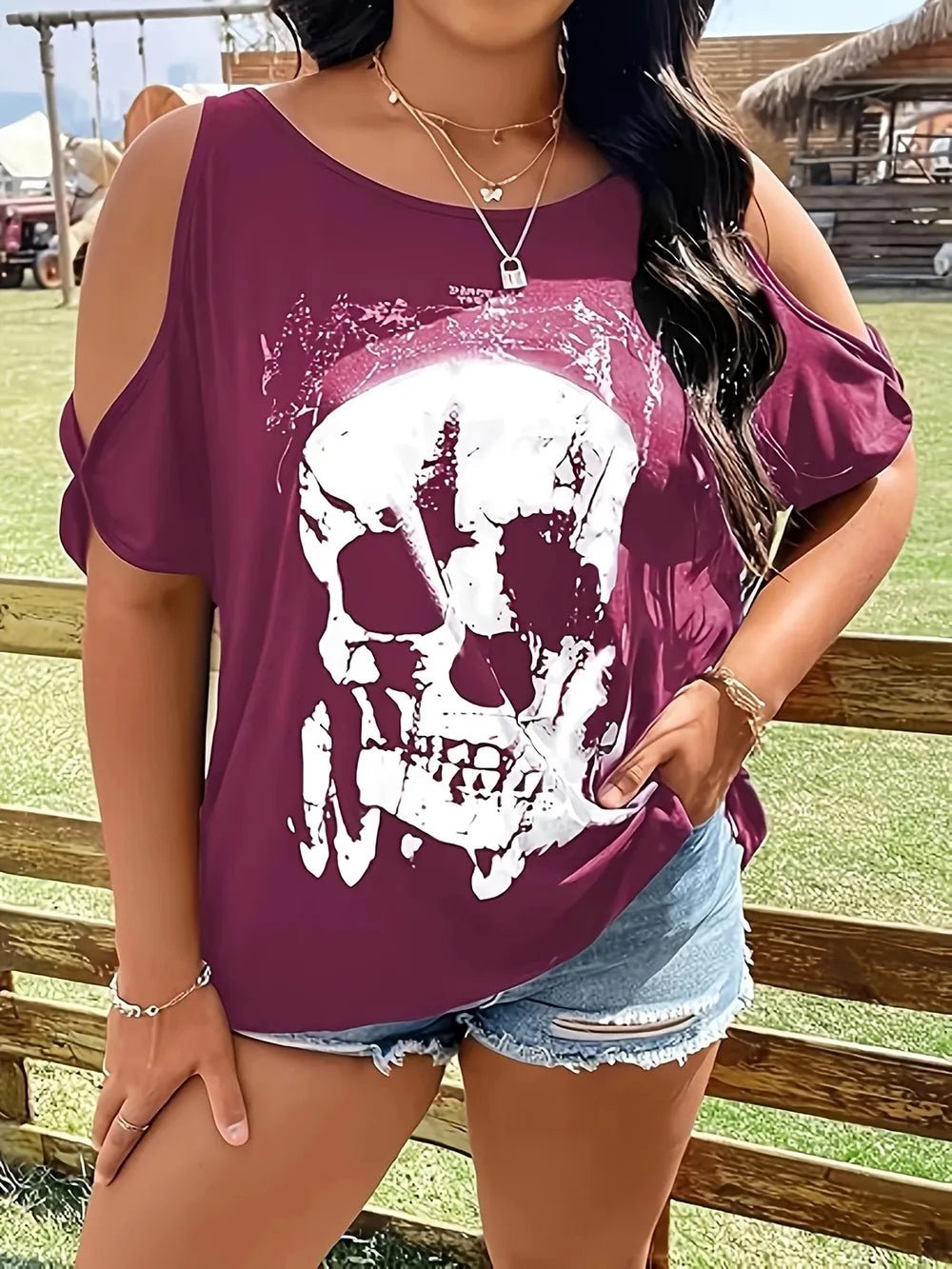 Plus Size Skeleton Graphic Round Neck Cold Shoulder T-Shirt - Lookzlike
