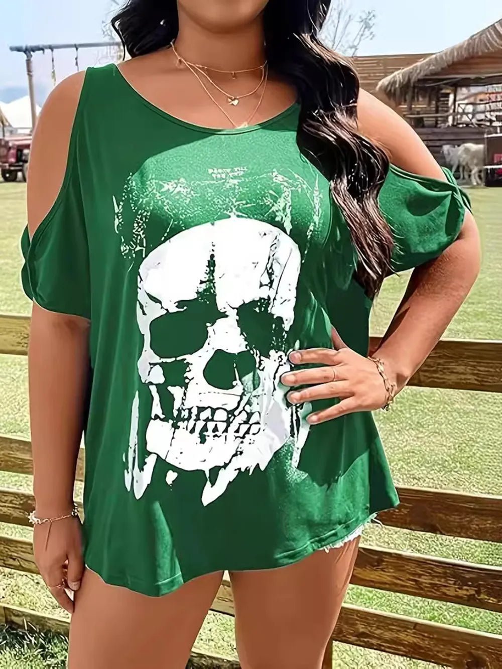 Plus Size Skeleton Graphic Round Neck Cold Shoulder T-Shirt - Lookzlike