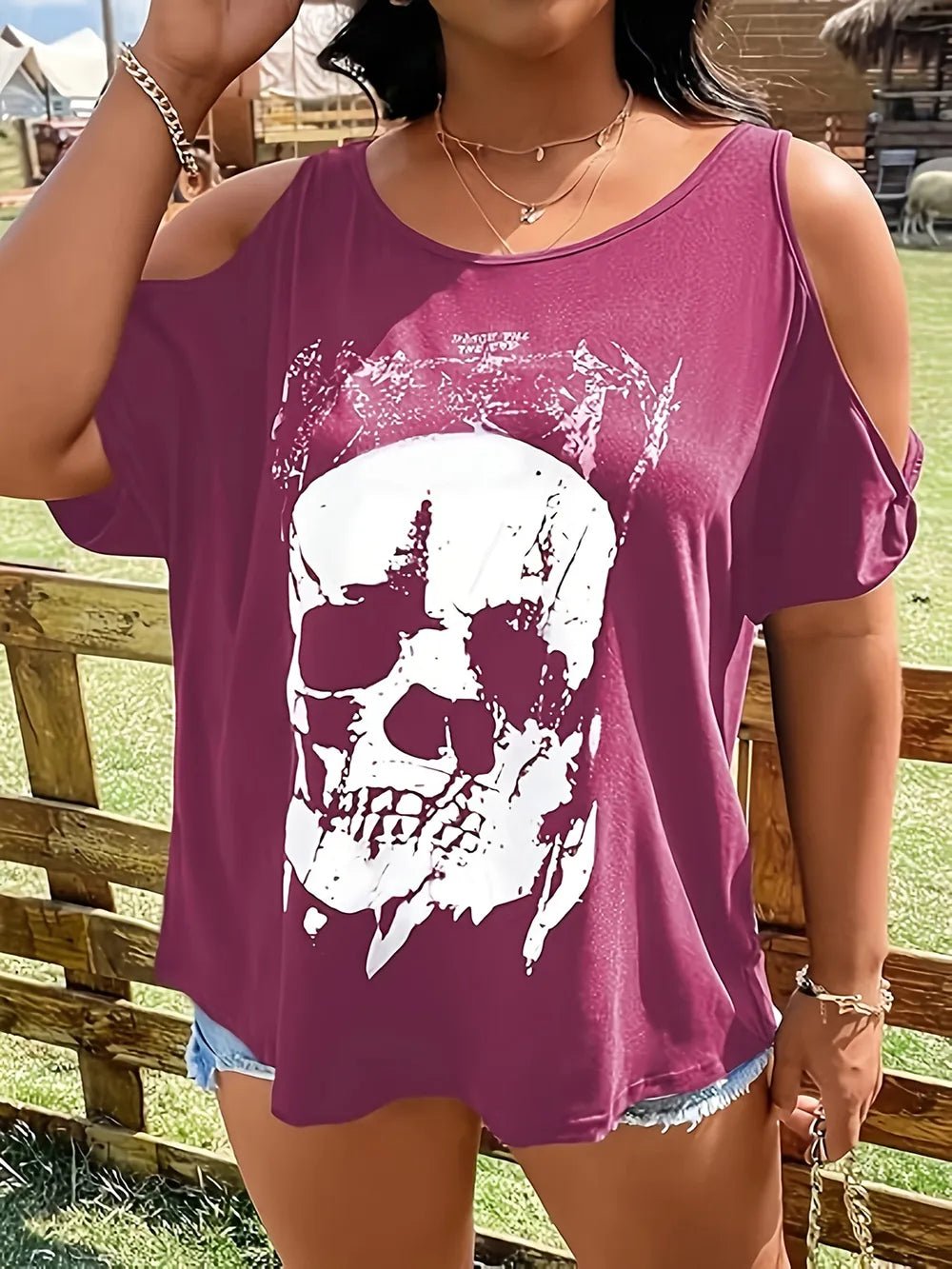 Plus Size Skeleton Graphic Round Neck Cold Shoulder T-Shirt - Lookzlike