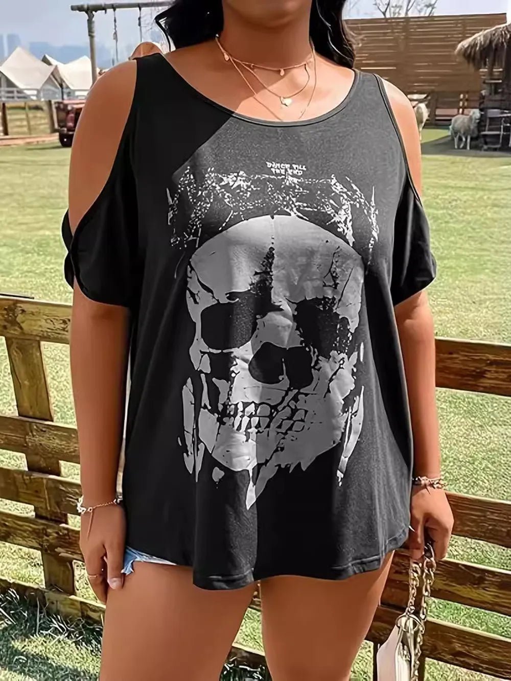 Plus Size Skeleton Graphic Round Neck Cold Shoulder T-Shirt - Lookzlike