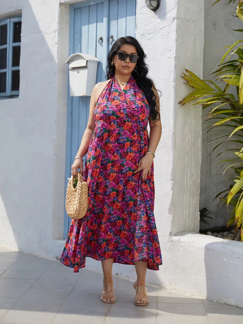 Plus Size Slit Floral Halter Neck Dress - Lookzlike