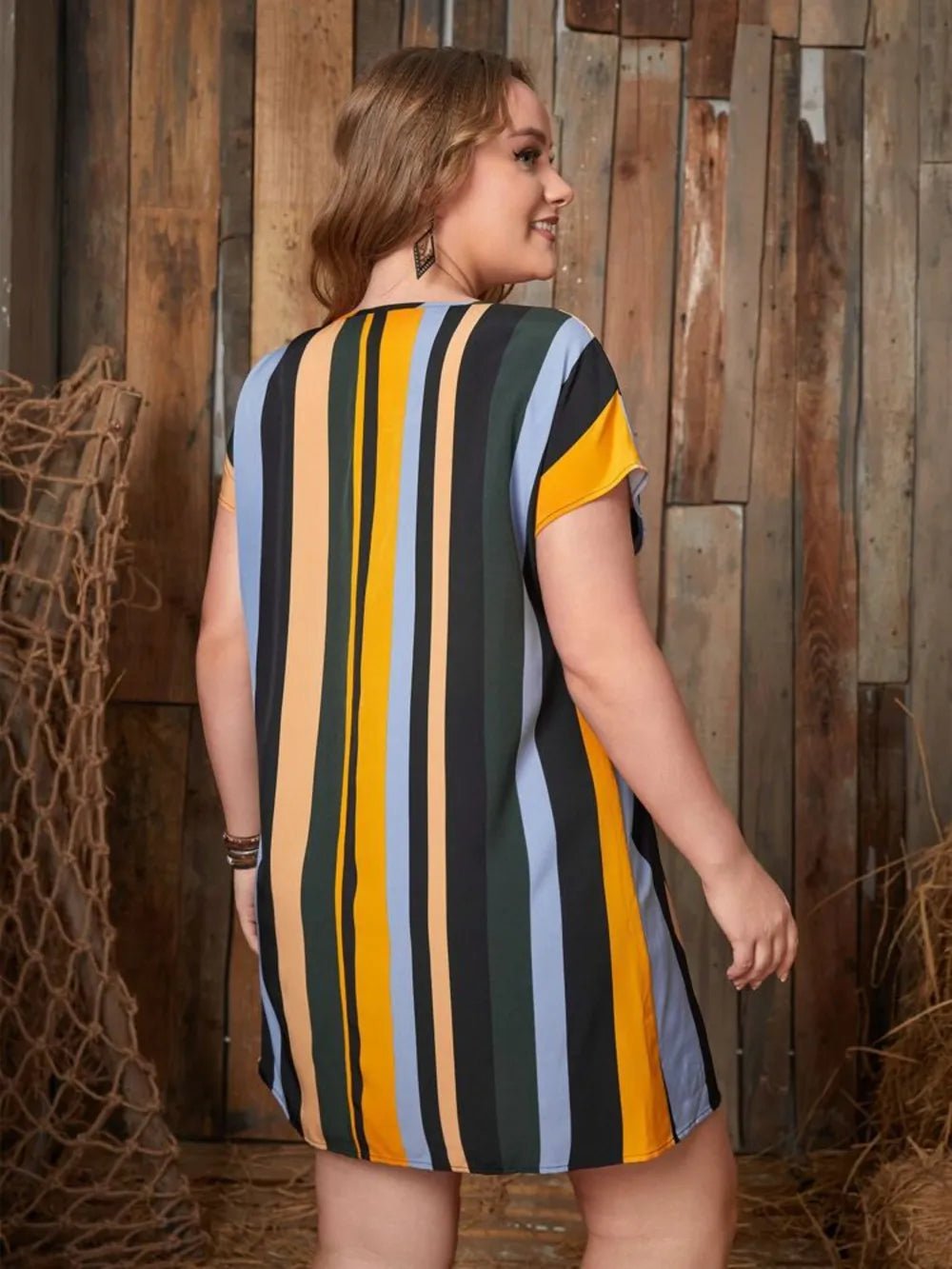 Plus Size Striped Short Sleeve Mini Dress - Lookzlike
