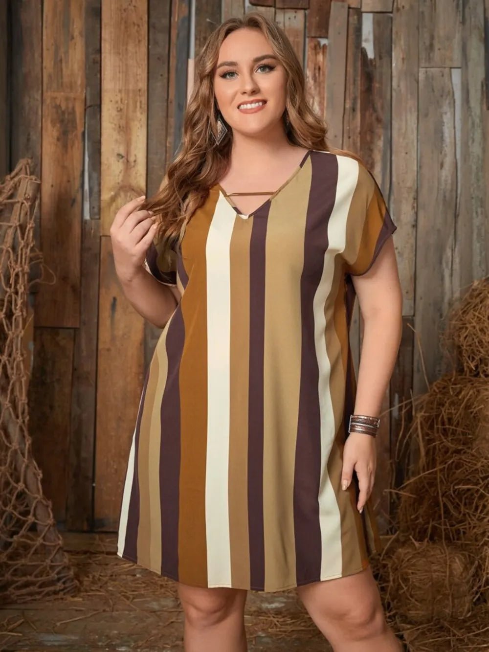 Plus Size Striped Short Sleeve Mini Dress - Lookzlike