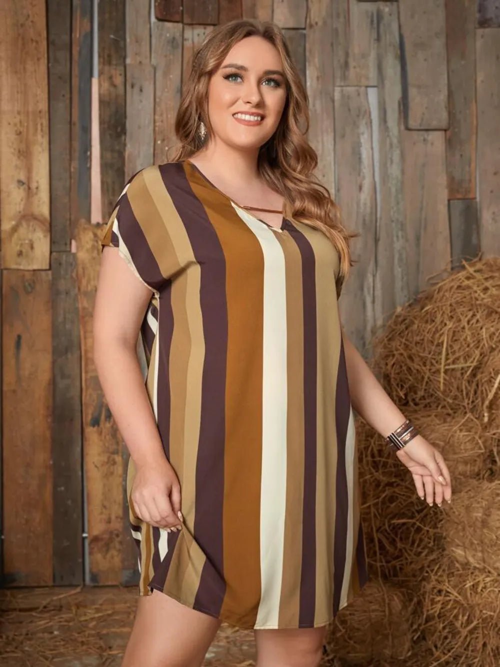 Plus Size Striped Short Sleeve Mini Dress - Lookzlike