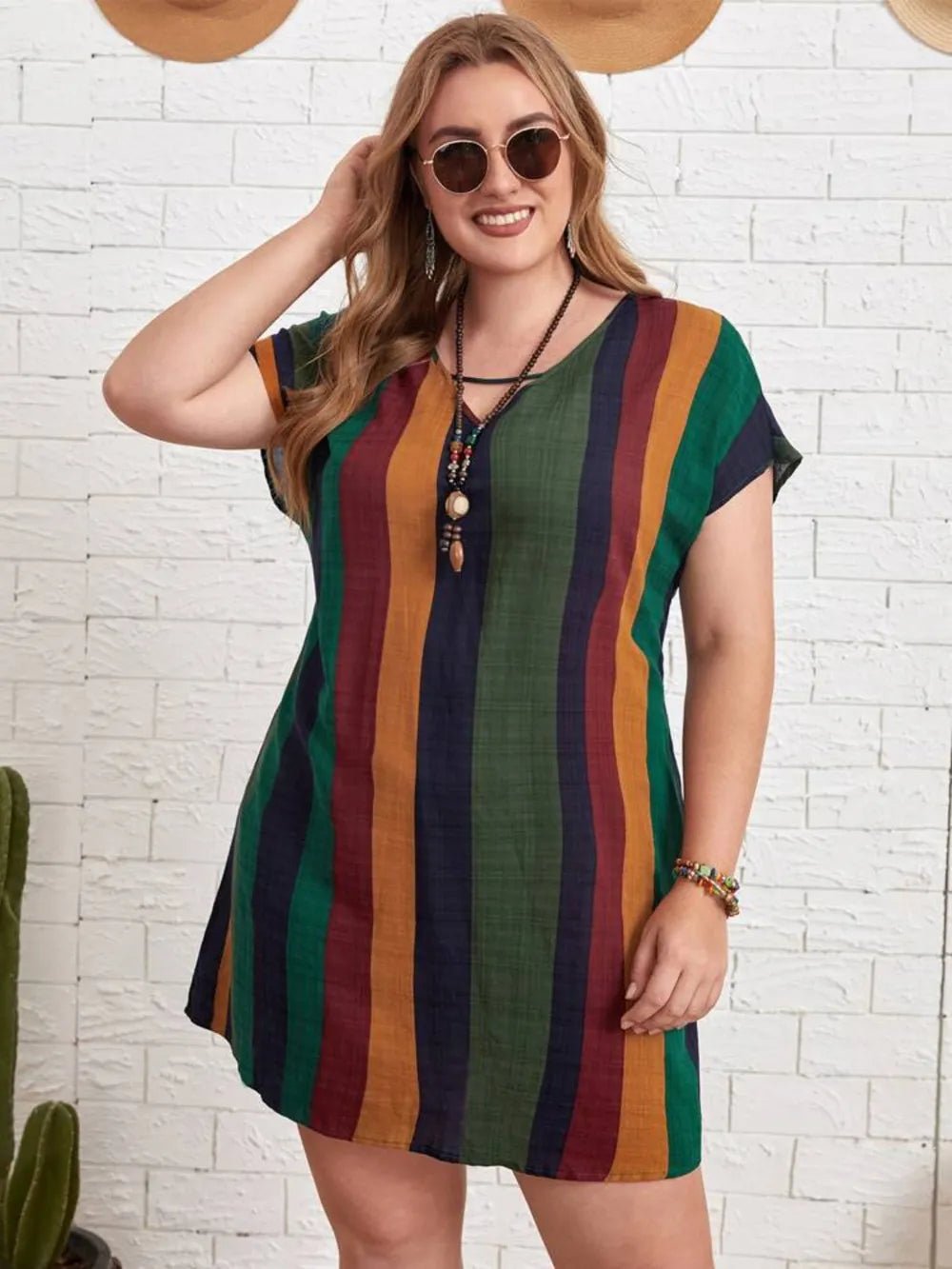 Plus Size Striped Short Sleeve Mini Dress - Lookzlike