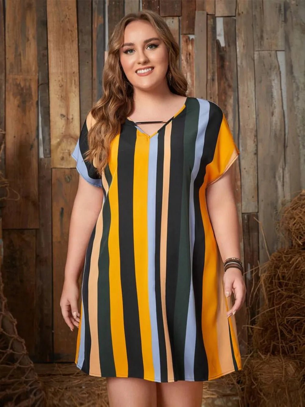 Plus Size Striped Short Sleeve Mini Dress - Lookzlike