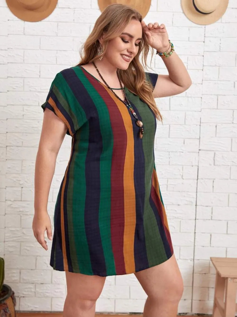 Plus Size Striped Short Sleeve Mini Dress - Lookzlike