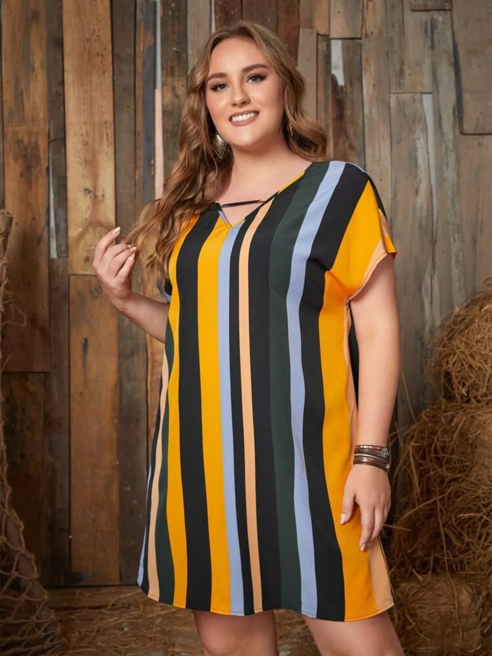 Plus Size Striped Short Sleeve Mini Dress - Lookzlike