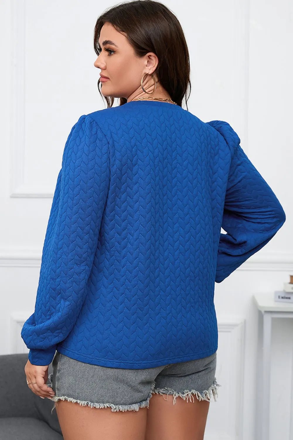 Plus Size Textured Round Neck Long Sleeve Top - Lookzlike