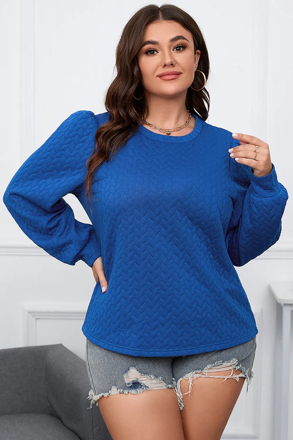 Plus Size Textured Round Neck Long Sleeve Top - Lookzlike