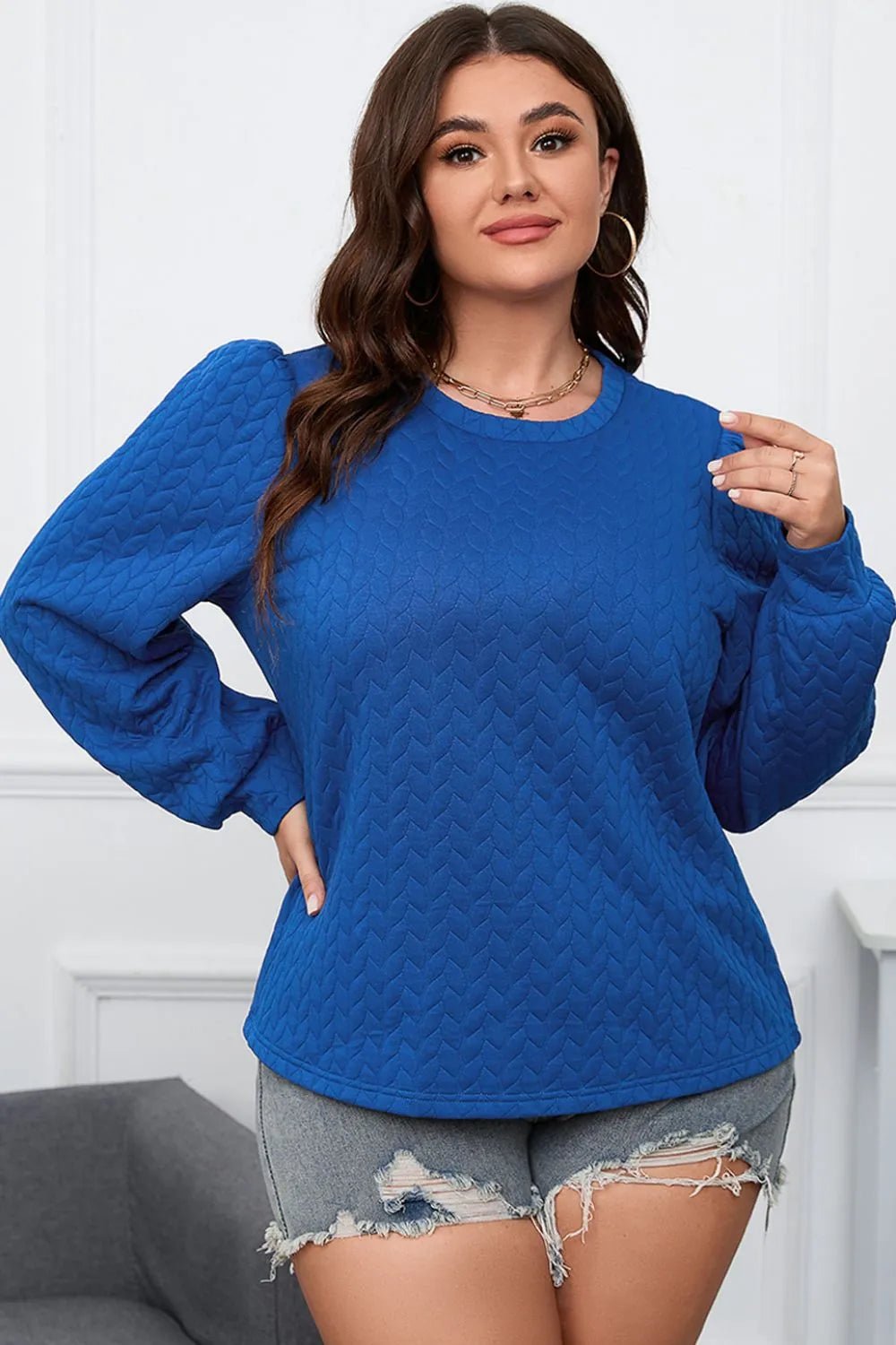 Plus Size Textured Round Neck Long Sleeve Top - Lookzlike