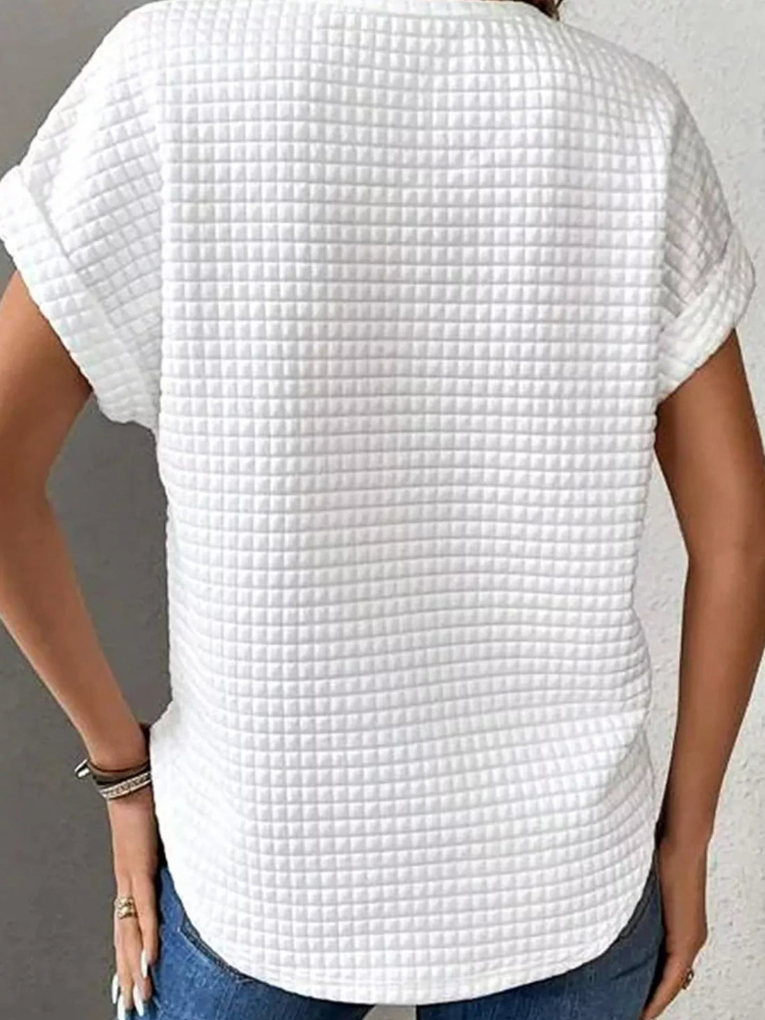 Plus Size Textured Round Neck Short Sleeve Top designed for comfort and style at Lookzlike