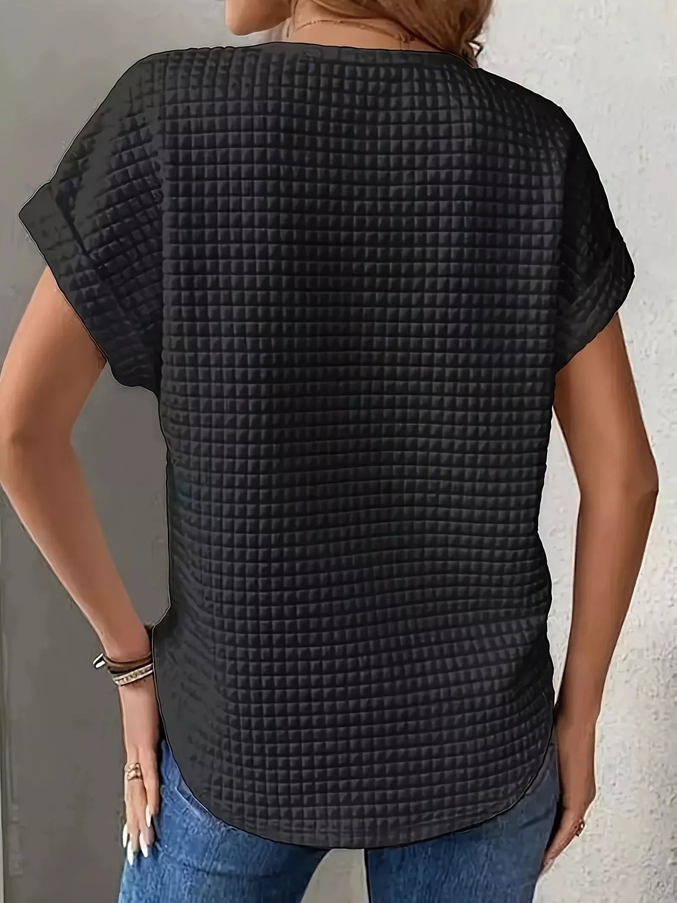 Plus Size Textured Round Neck Short Sleeve Top designed for comfort and style at Lookzlike