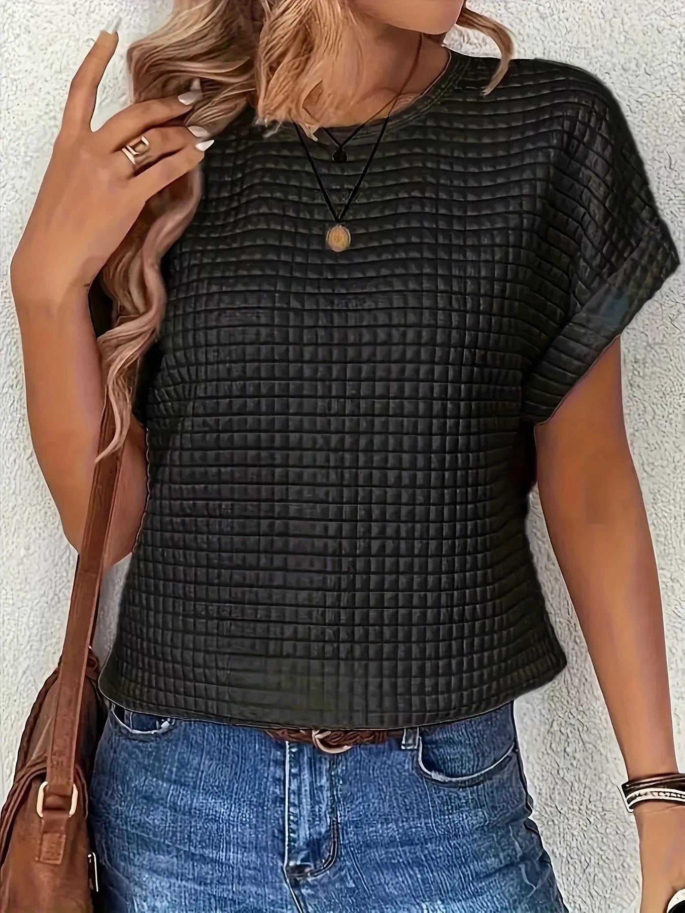 Plus Size Textured Round Neck Short Sleeve Top designed for comfort and style at Lookzlike