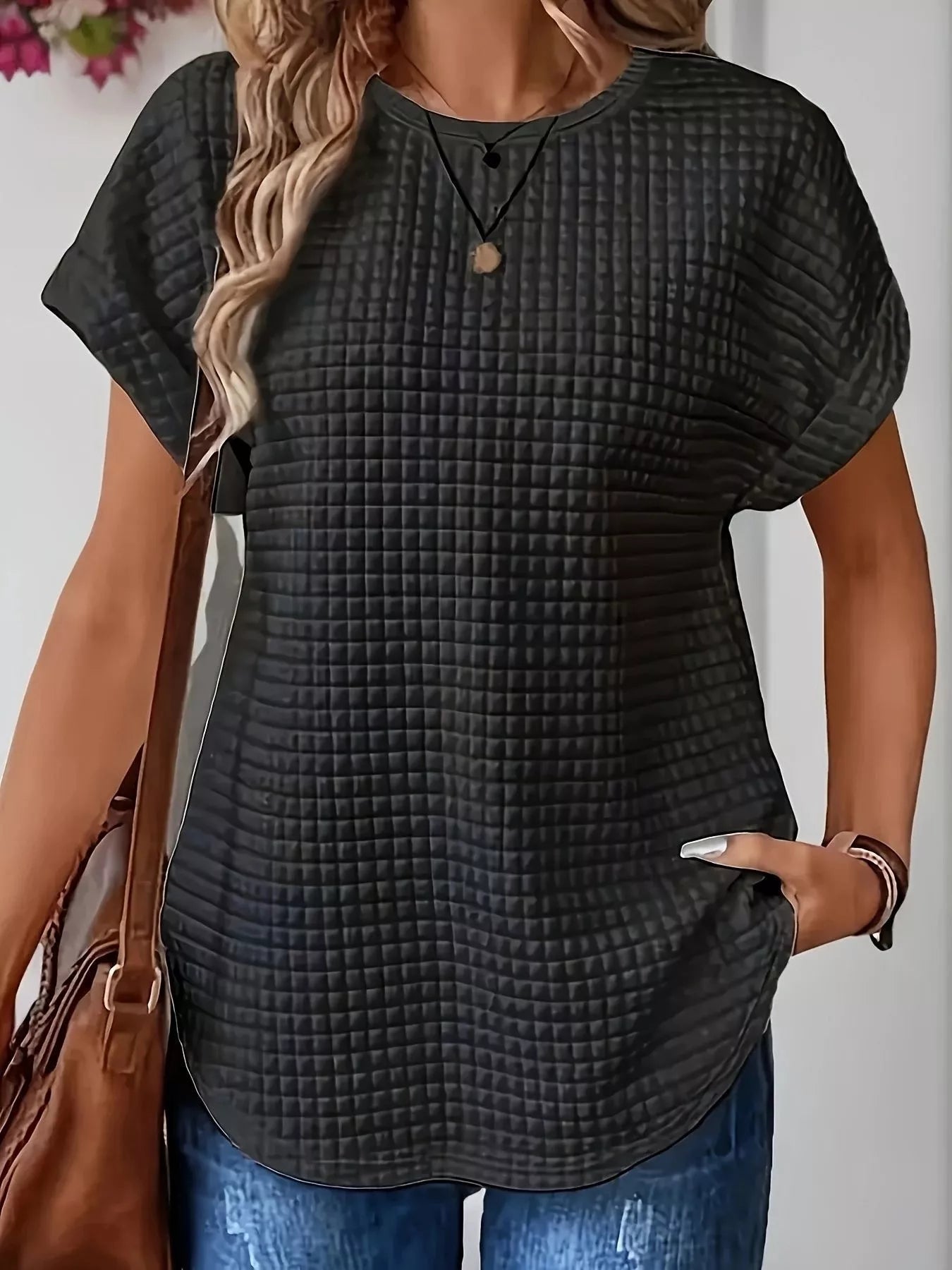Plus Size Textured Round Neck Short Sleeve Top designed for comfort and style at Lookzlike