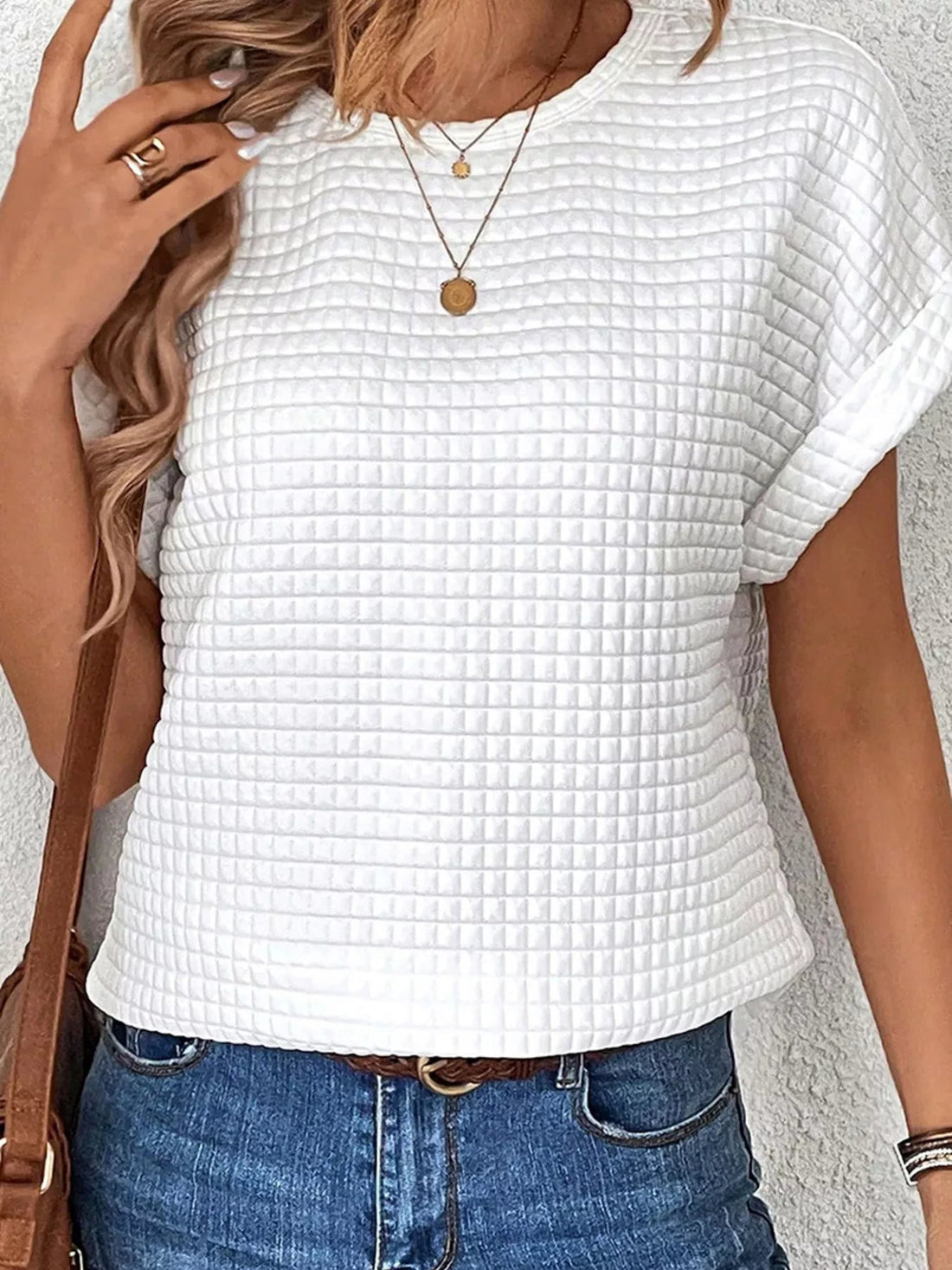 Plus Size Textured Round Neck Short Sleeve Top designed for comfort and style at Lookzlike