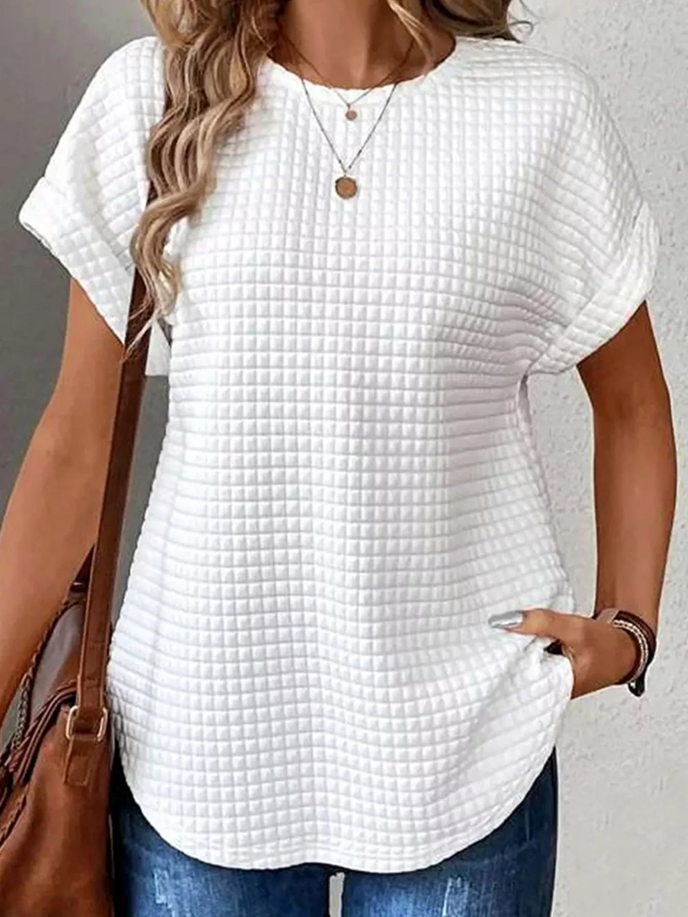 Plus Size Textured Round Neck Short Sleeve Top designed for comfort and style at Lookzlike