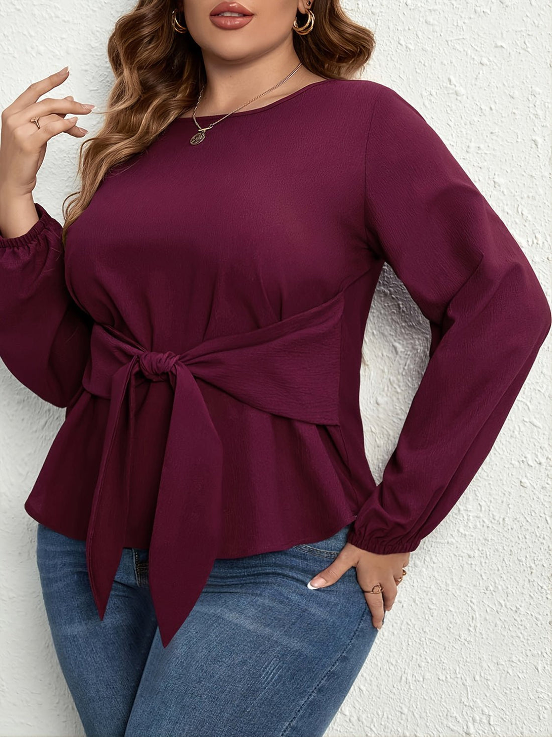 Plus Size Tie Front Long Sleeve Blouse - Lookzlike