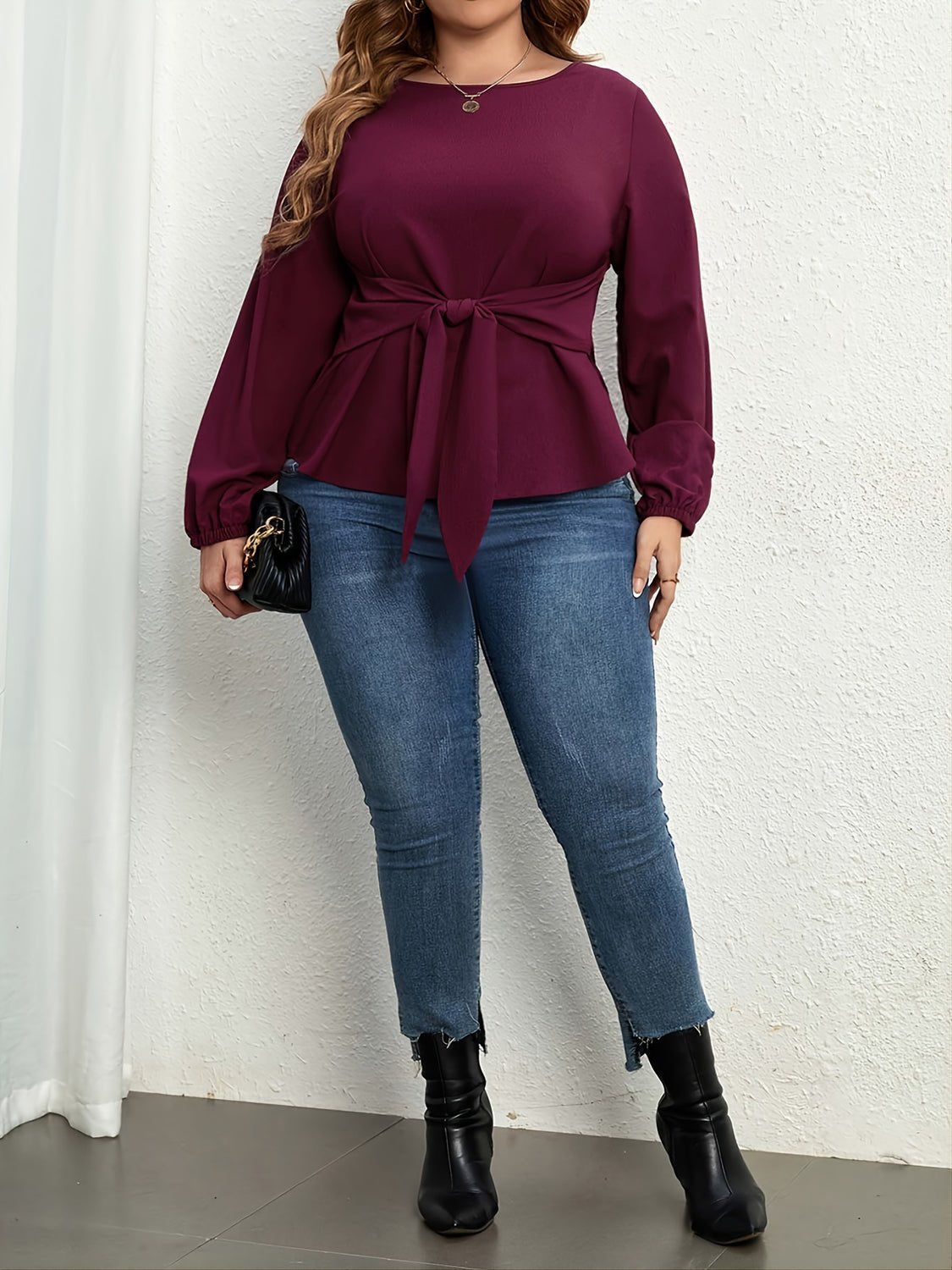 Plus Size Tie Front Long Sleeve Blouse - Lookzlike