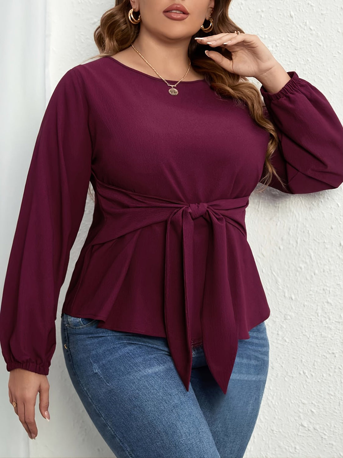 Plus Size Tie Front Long Sleeve Blouse - Lookzlike