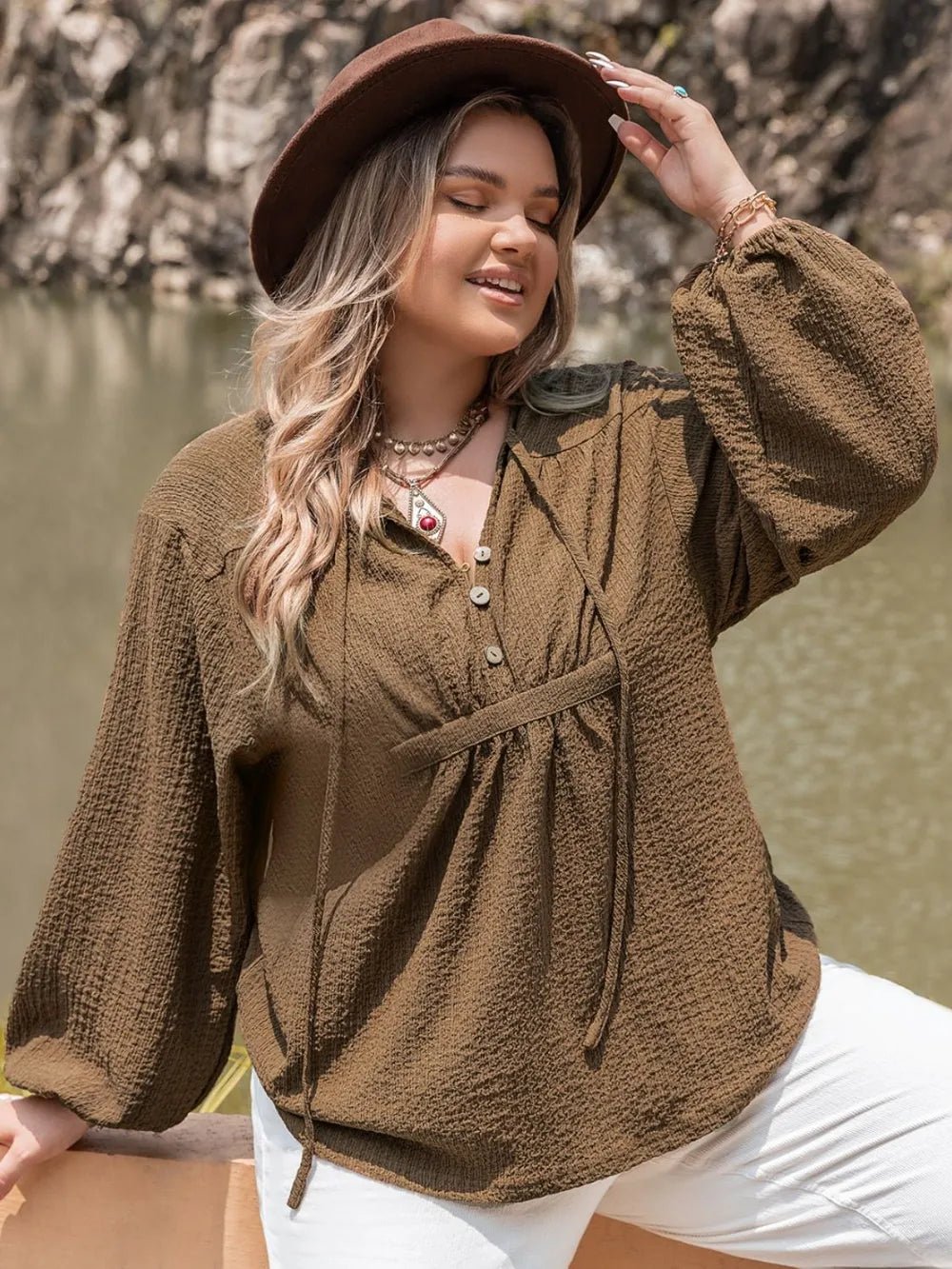 Plus Size Tie Neck Long Sleeve Blouse - Lookzlike