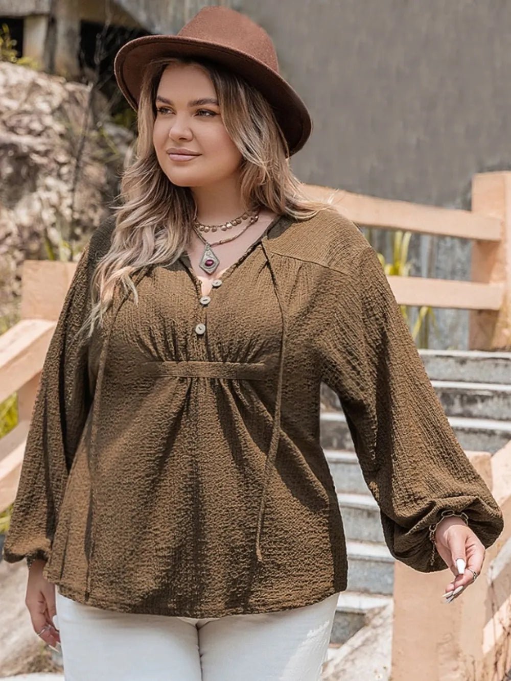 Plus Size Tie Neck Long Sleeve Blouse - Lookzlike