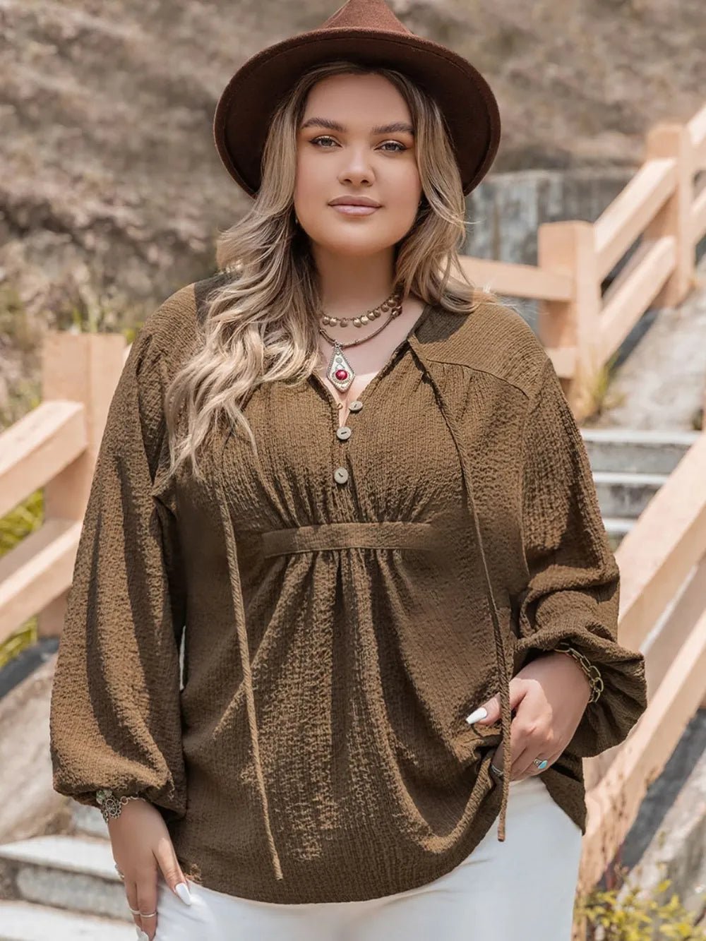 Plus Size Tie Neck Long Sleeve Blouse - Lookzlike