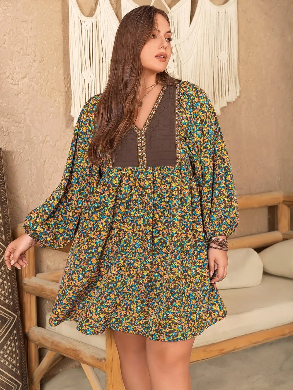 Plus Size V-Neck Balloon Sleeve Printed Mini Dress - Lookzlike