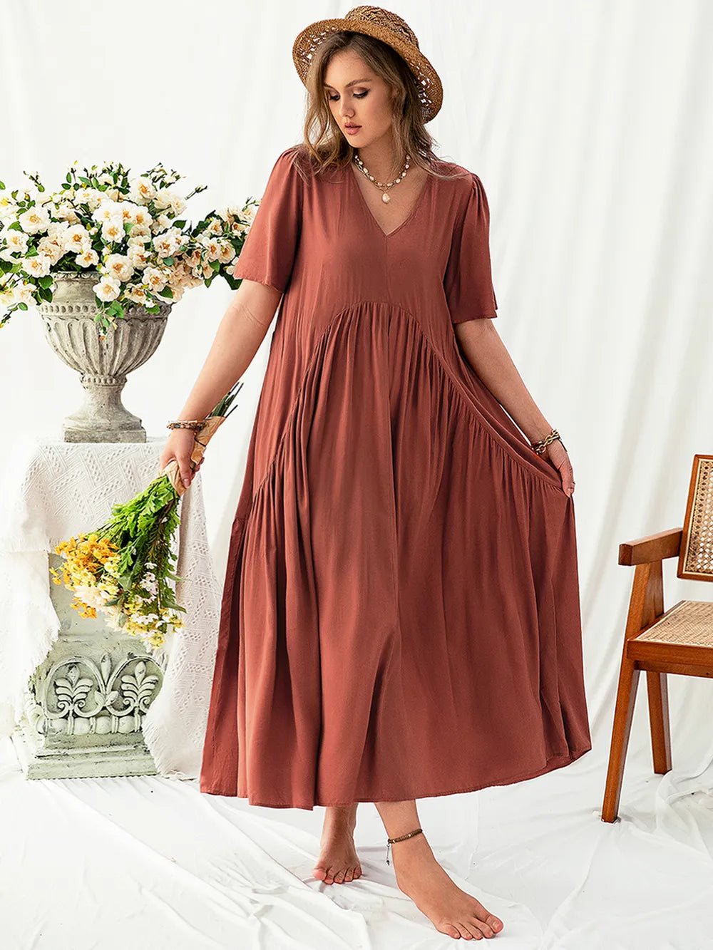 Plus Size V-Neck Flutter Sleeve Midi Dress - Lookzlike