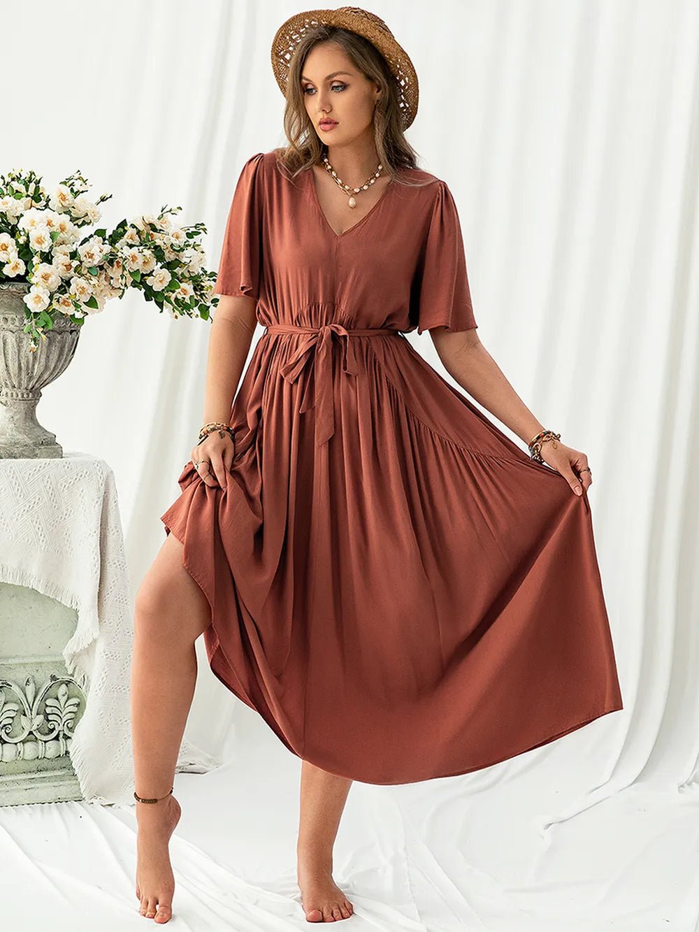 Plus Size V-Neck Flutter Sleeve Midi Dress - Lookzlike