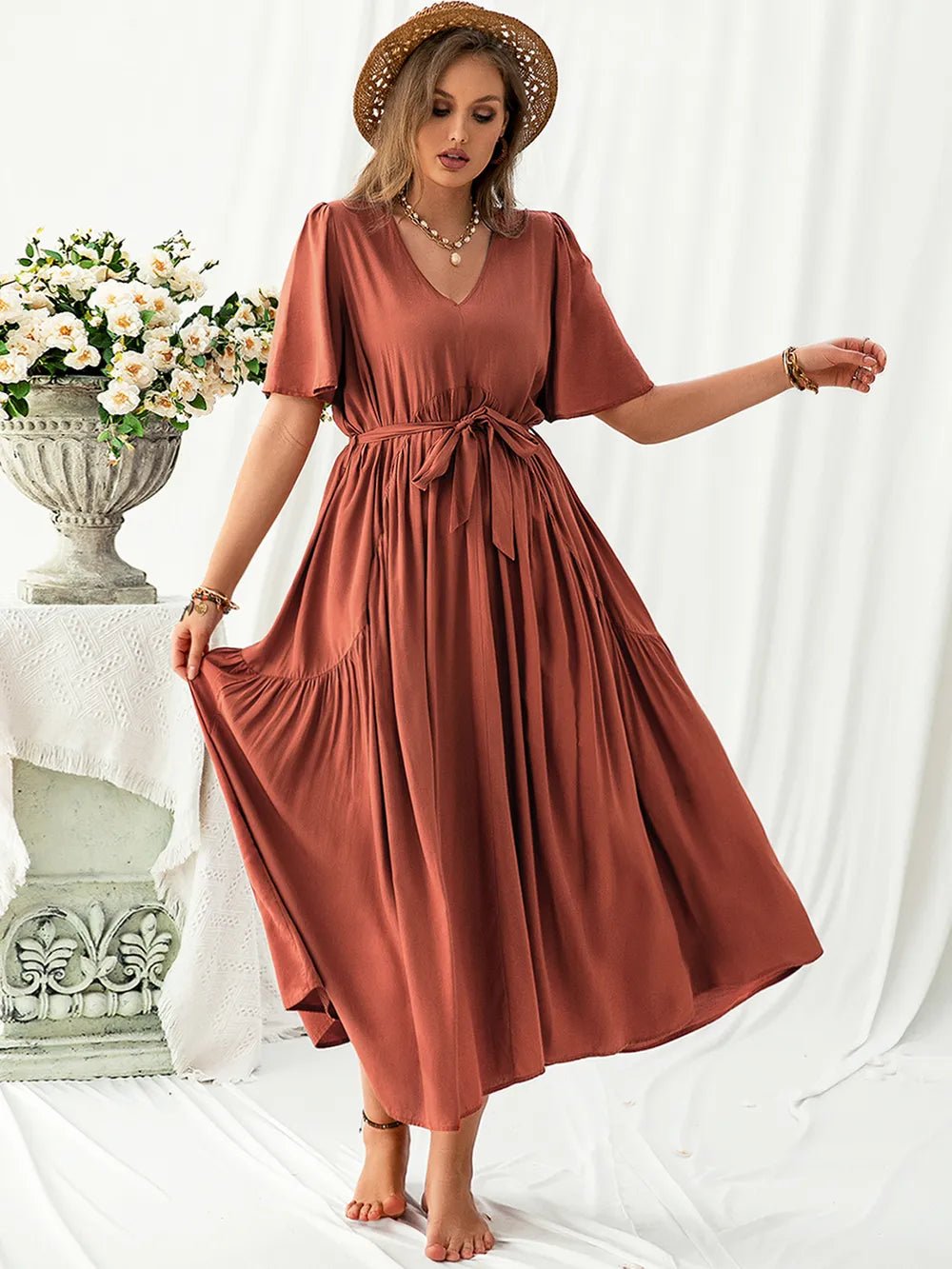Plus Size V-Neck Flutter Sleeve Midi Dress - Lookzlike