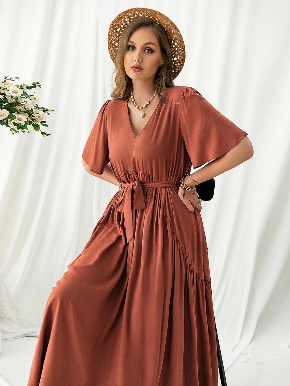 Plus Size V-Neck Flutter Sleeve Midi Dress - Lookzlike