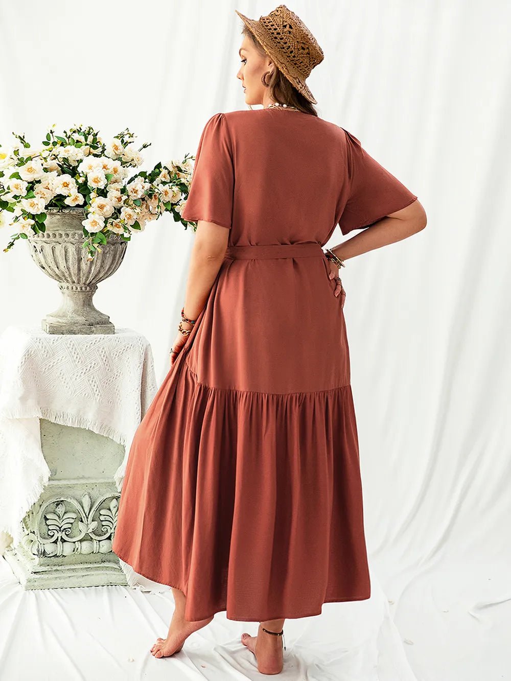 Plus Size V-Neck Flutter Sleeve Midi Dress - Lookzlike
