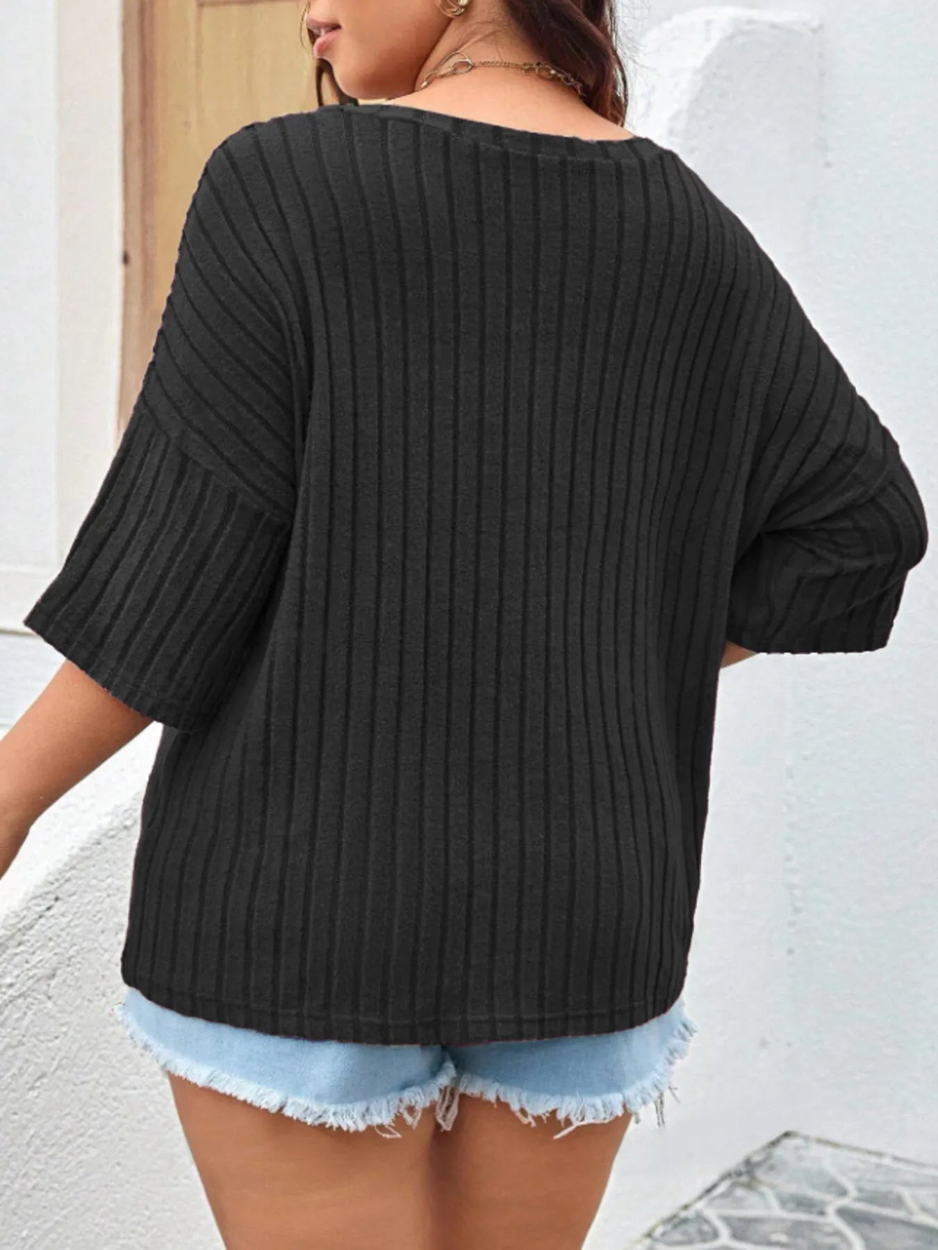Plus Size V-Neck Ribbed Knit T-Shirt - Lookzlike