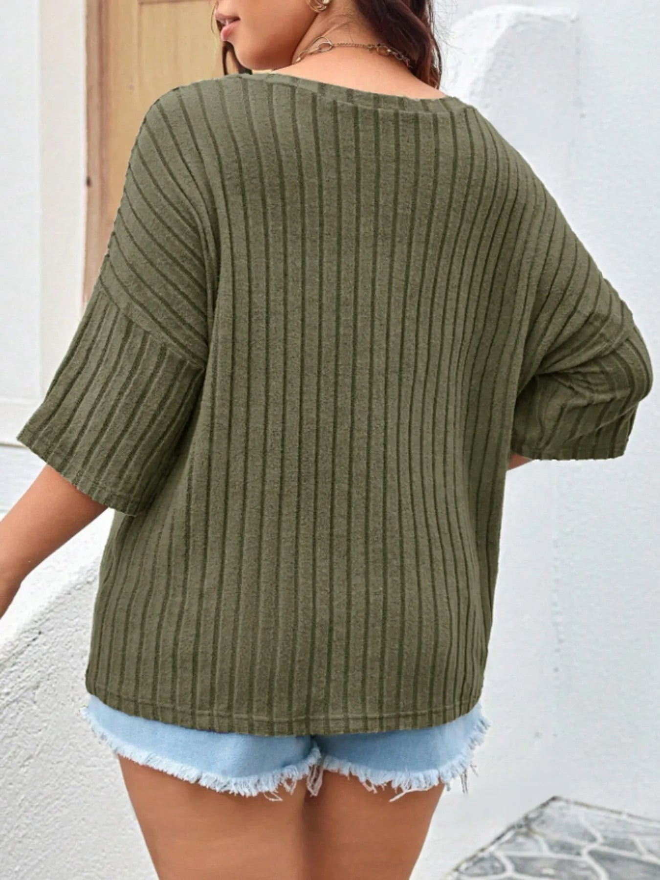Plus Size V-Neck Ribbed Knit T-Shirt - Lookzlike