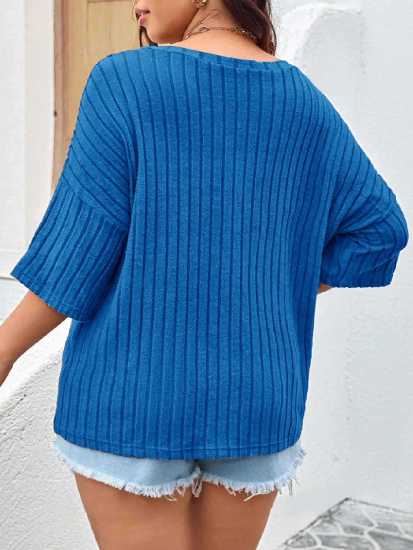 Plus Size V-Neck Ribbed Knit T-Shirt - Lookzlike