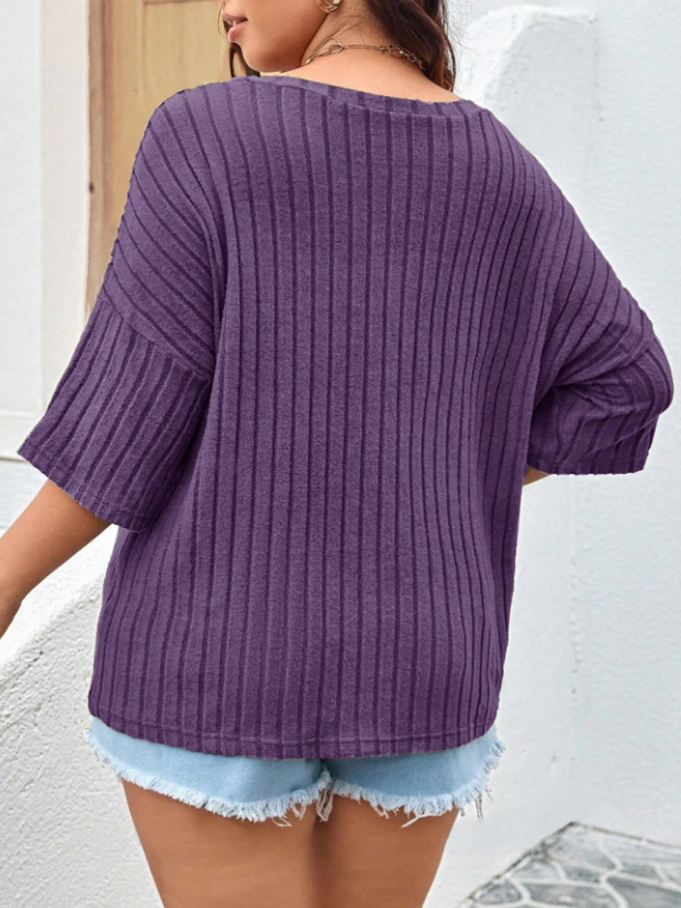 Plus Size V-Neck Ribbed Knit T-Shirt - Lookzlike