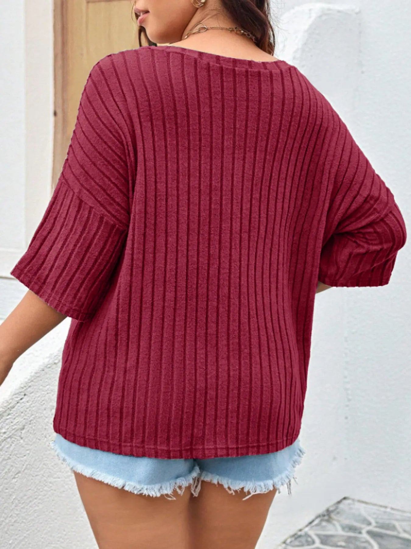 Plus Size V-Neck Ribbed Knit T-Shirt - Lookzlike