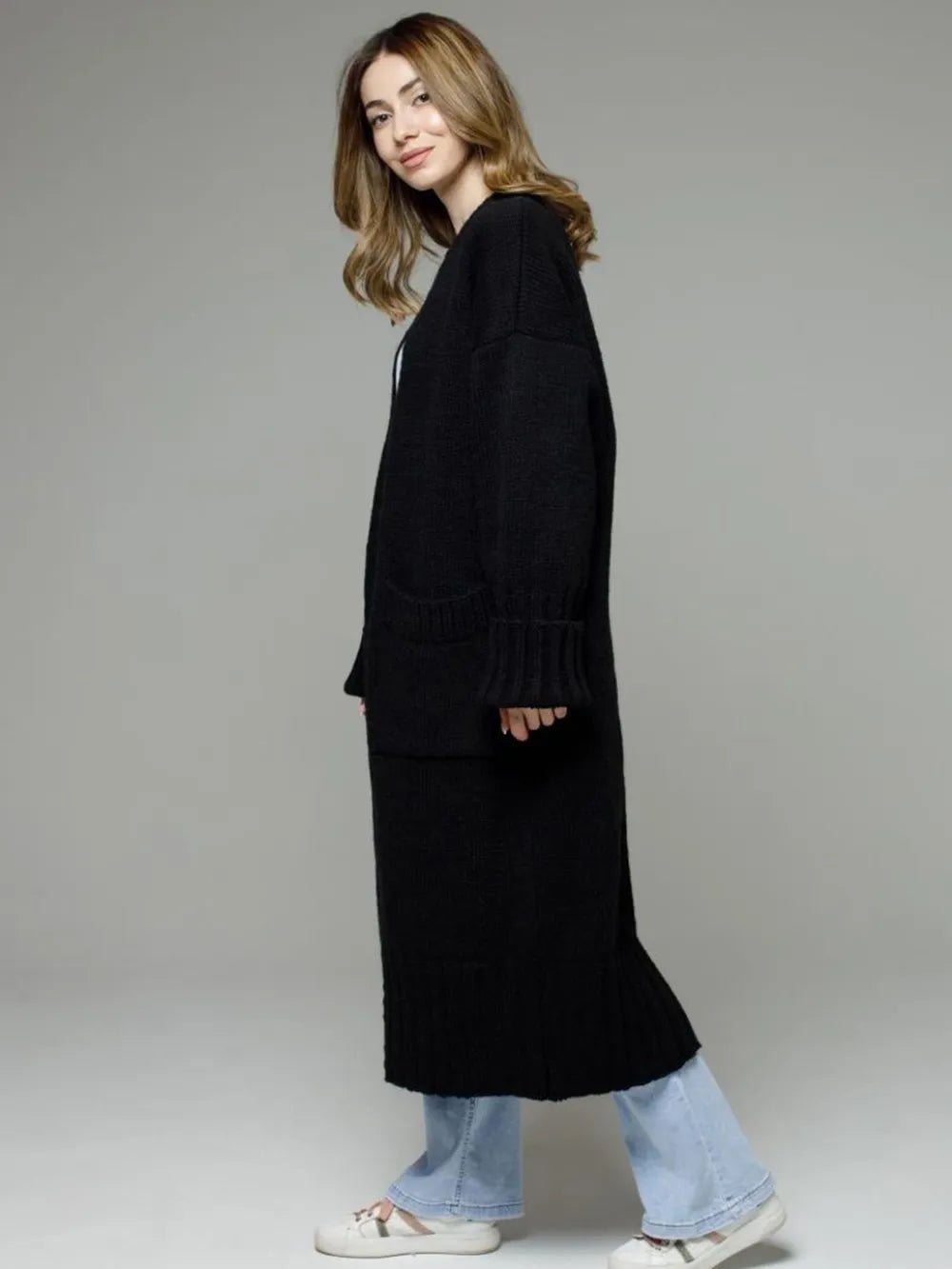 Pocketed Open Front Dropped Shoulder Cardigan designed for comfort and style at Lookzlike