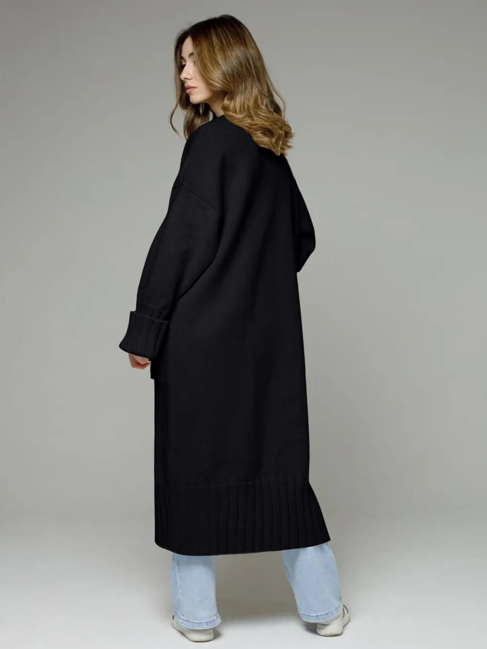 Pocketed Open Front Dropped Shoulder Cardigan designed for comfort and style at Lookzlike