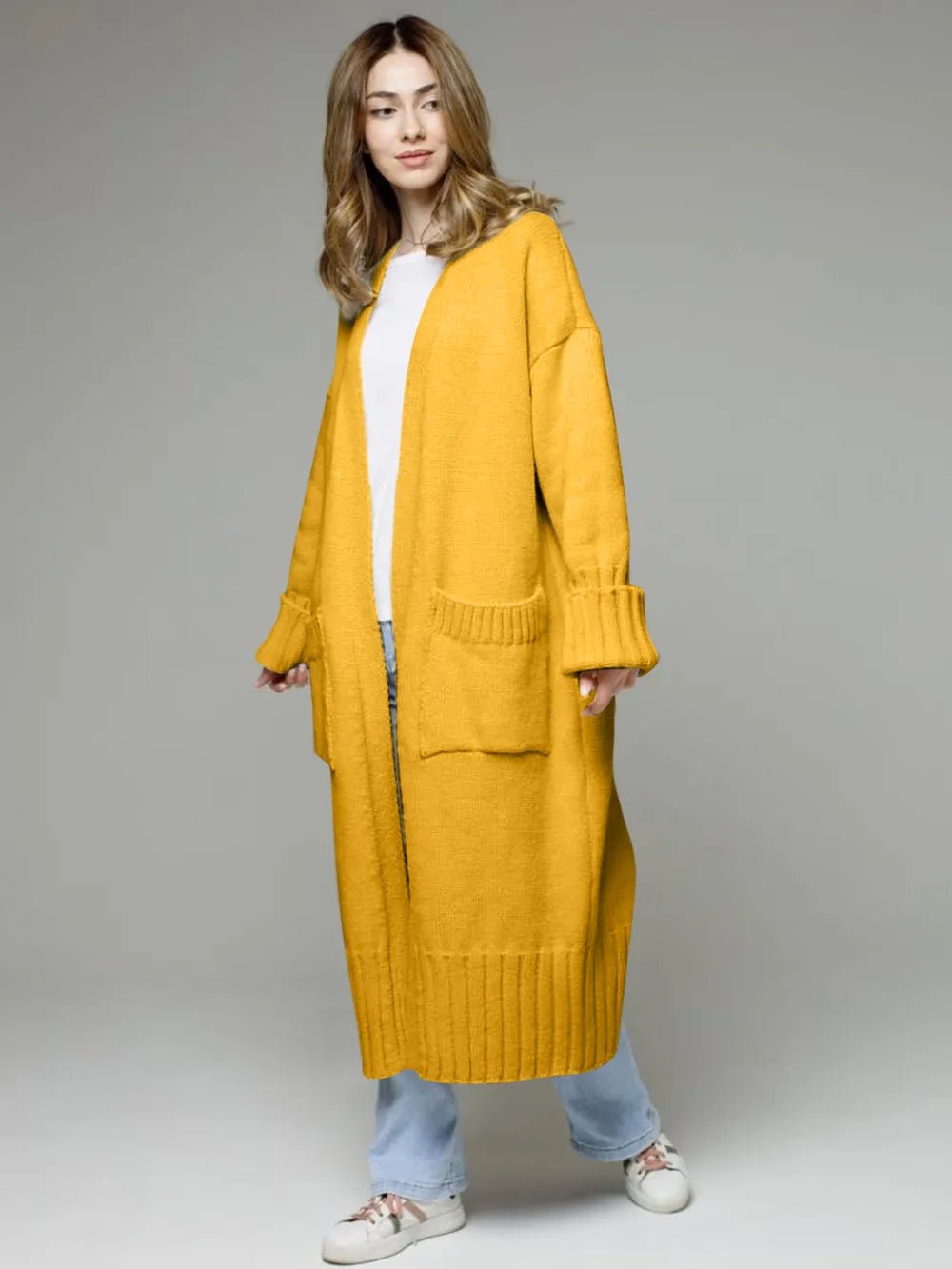 Pocketed Open Front Dropped Shoulder Cardigan designed for comfort and style at Lookzlike