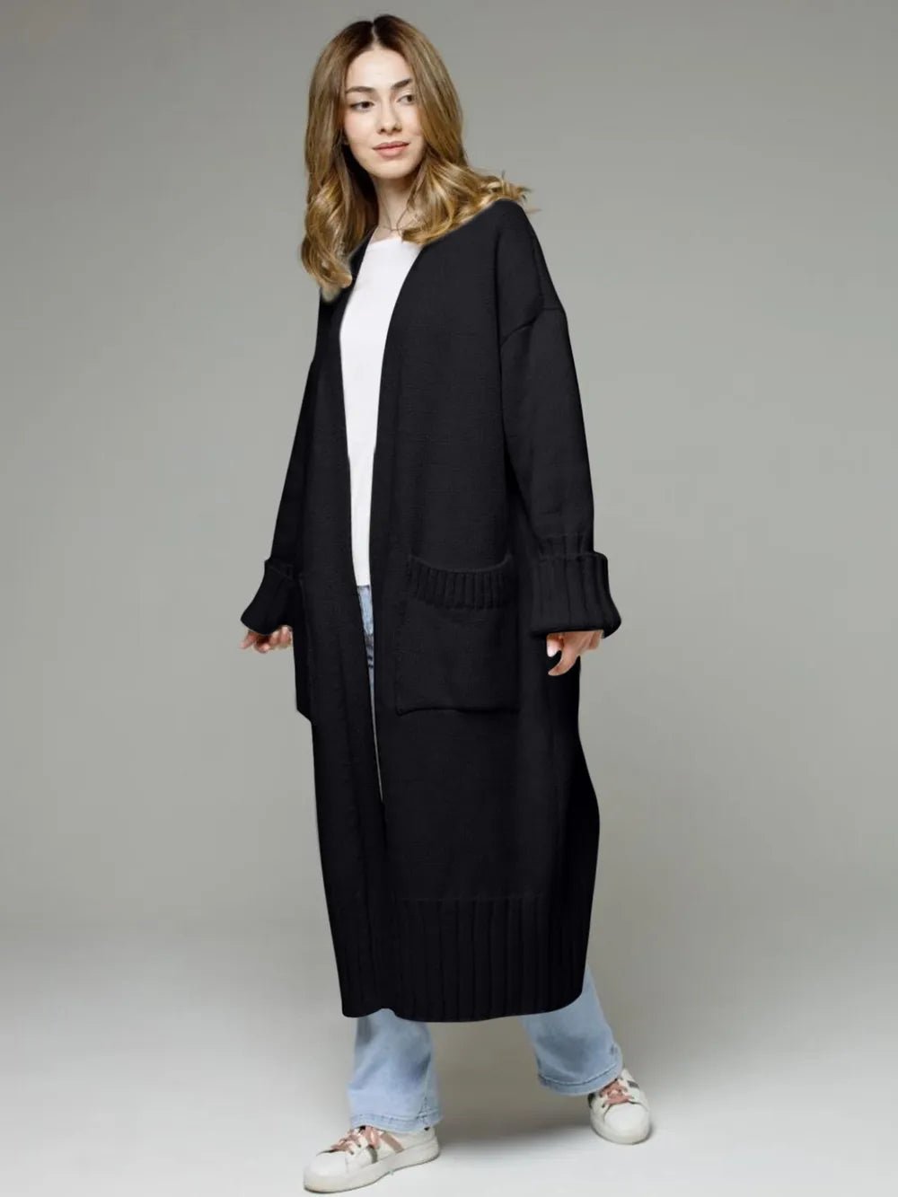 Pocketed Open Front Dropped Shoulder Cardigan designed for comfort and style at Lookzlike