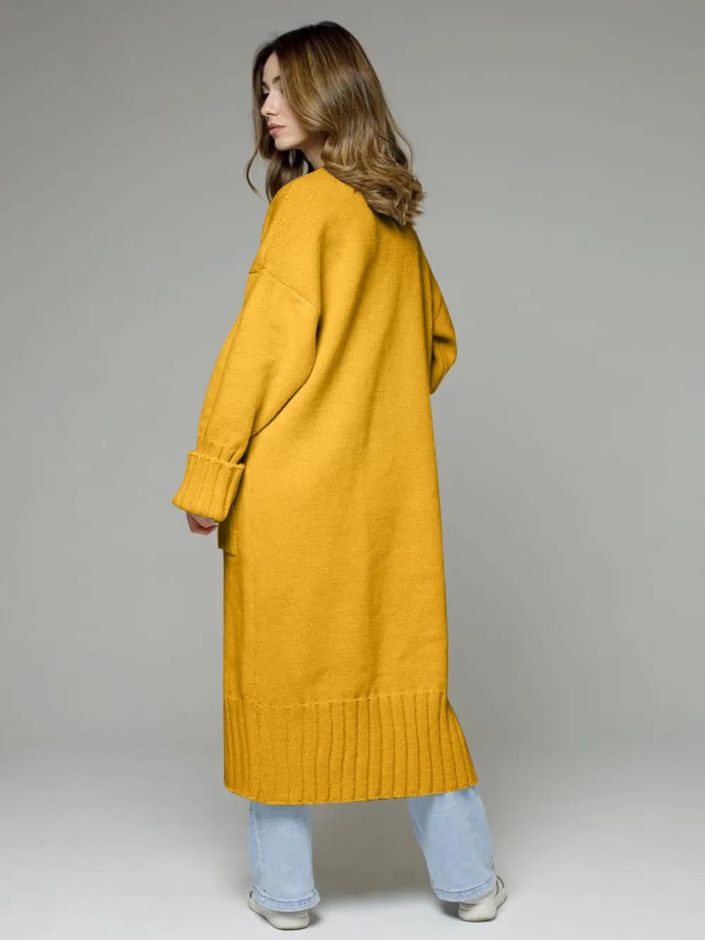 Pocketed Open Front Dropped Shoulder Cardigan designed for comfort and style at Lookzlike