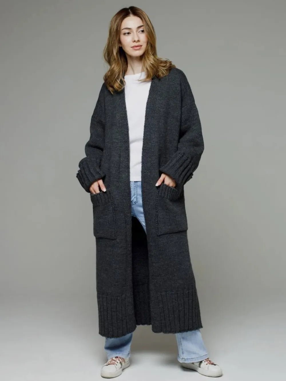 Pocketed Open Front Dropped Shoulder Cardigan designed for comfort and style at Lookzlike
