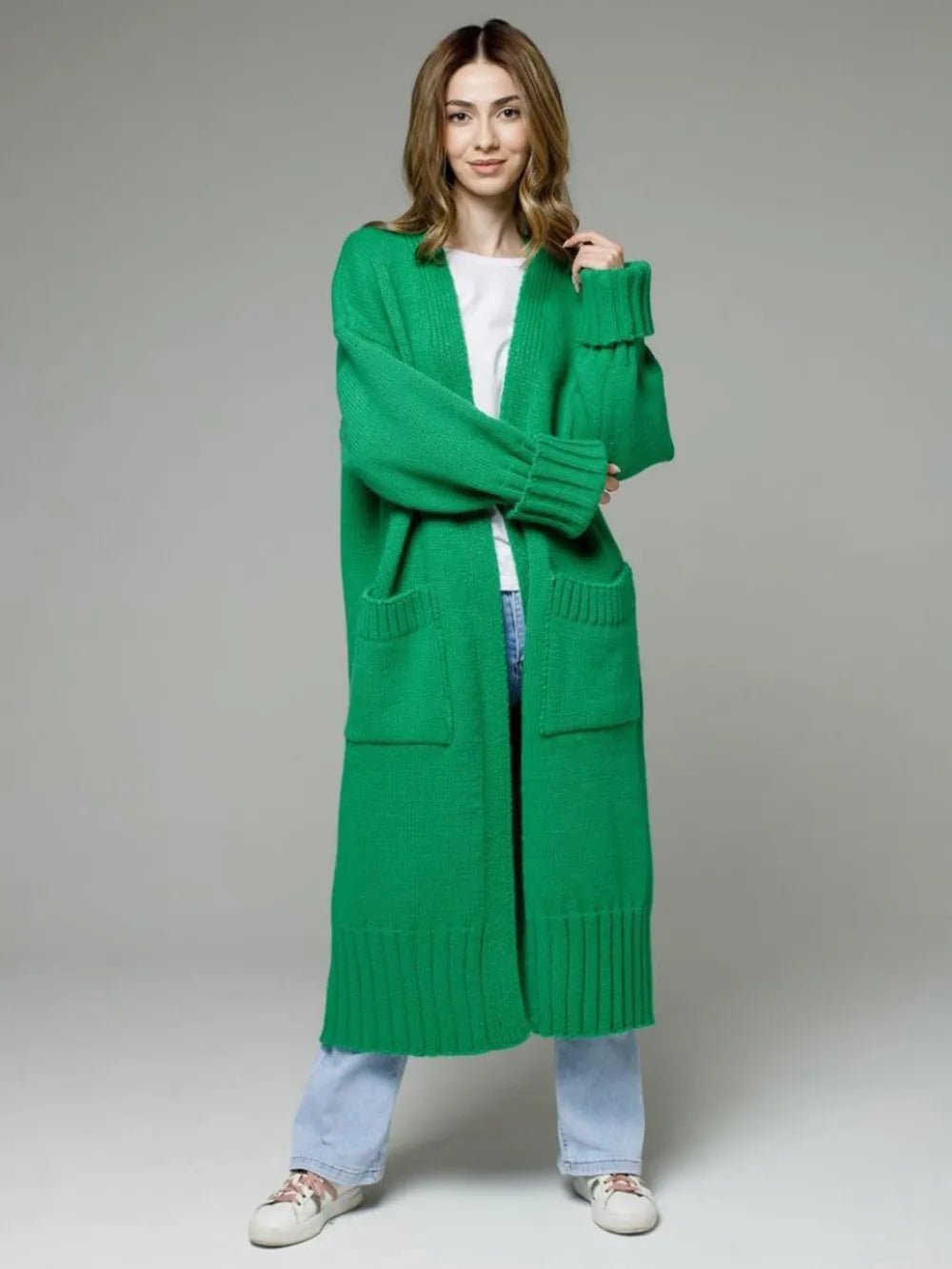 Pocketed Open Front Dropped Shoulder Cardigan designed for comfort and style at Lookzlike