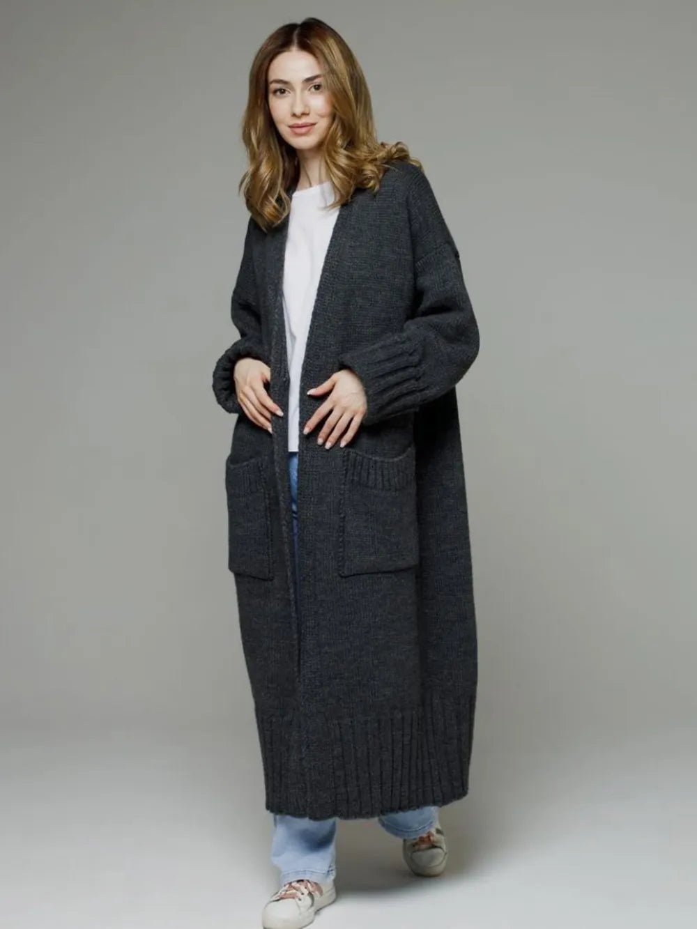 Pocketed Open Front Dropped Shoulder Cardigan designed for comfort and style at Lookzlike