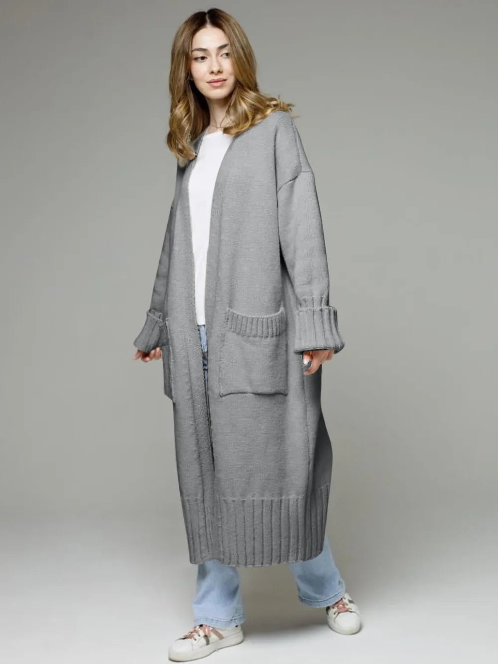 Pocketed Open Front Dropped Shoulder Cardigan designed for comfort and style at Lookzlike