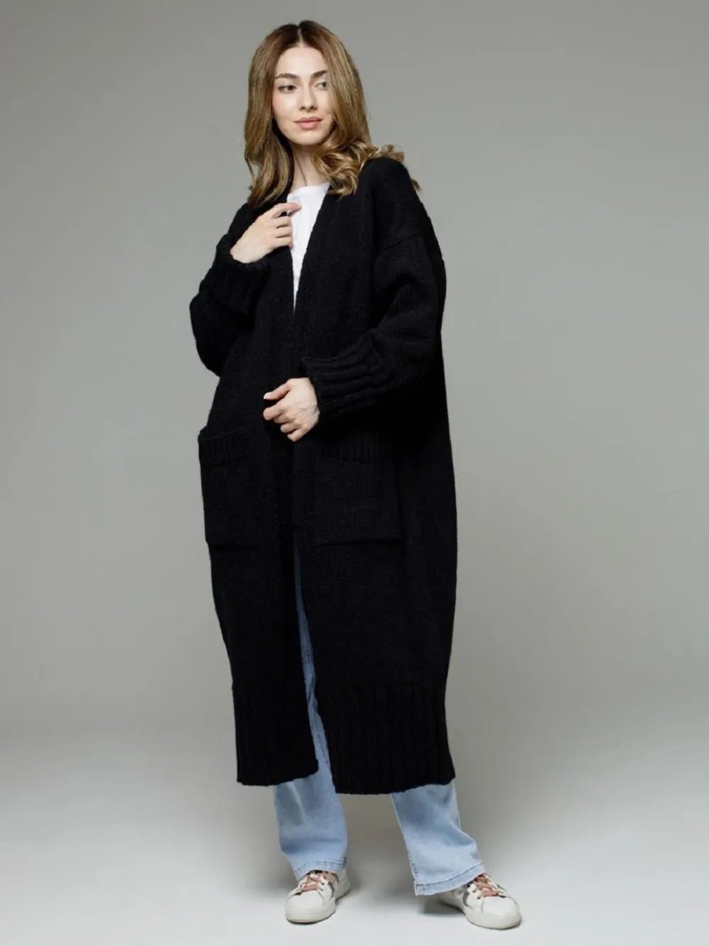 Pocketed Open Front Dropped Shoulder Cardigan designed for comfort and style at Lookzlike