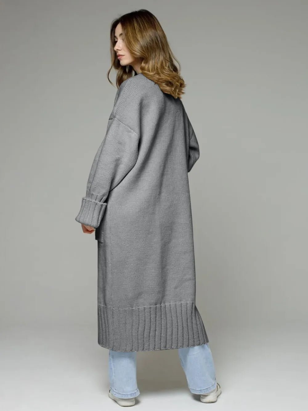 Pocketed Open Front Dropped Shoulder Cardigan designed for comfort and style at Lookzlike